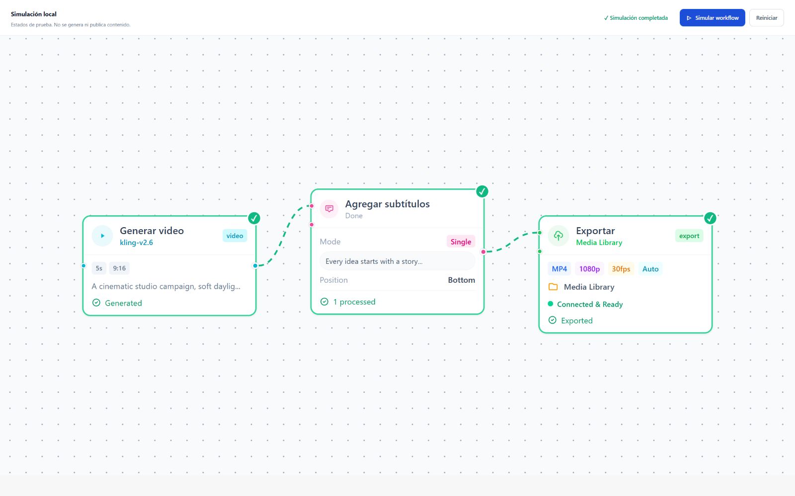 Editor de workflows de Farmium con datos de demostración