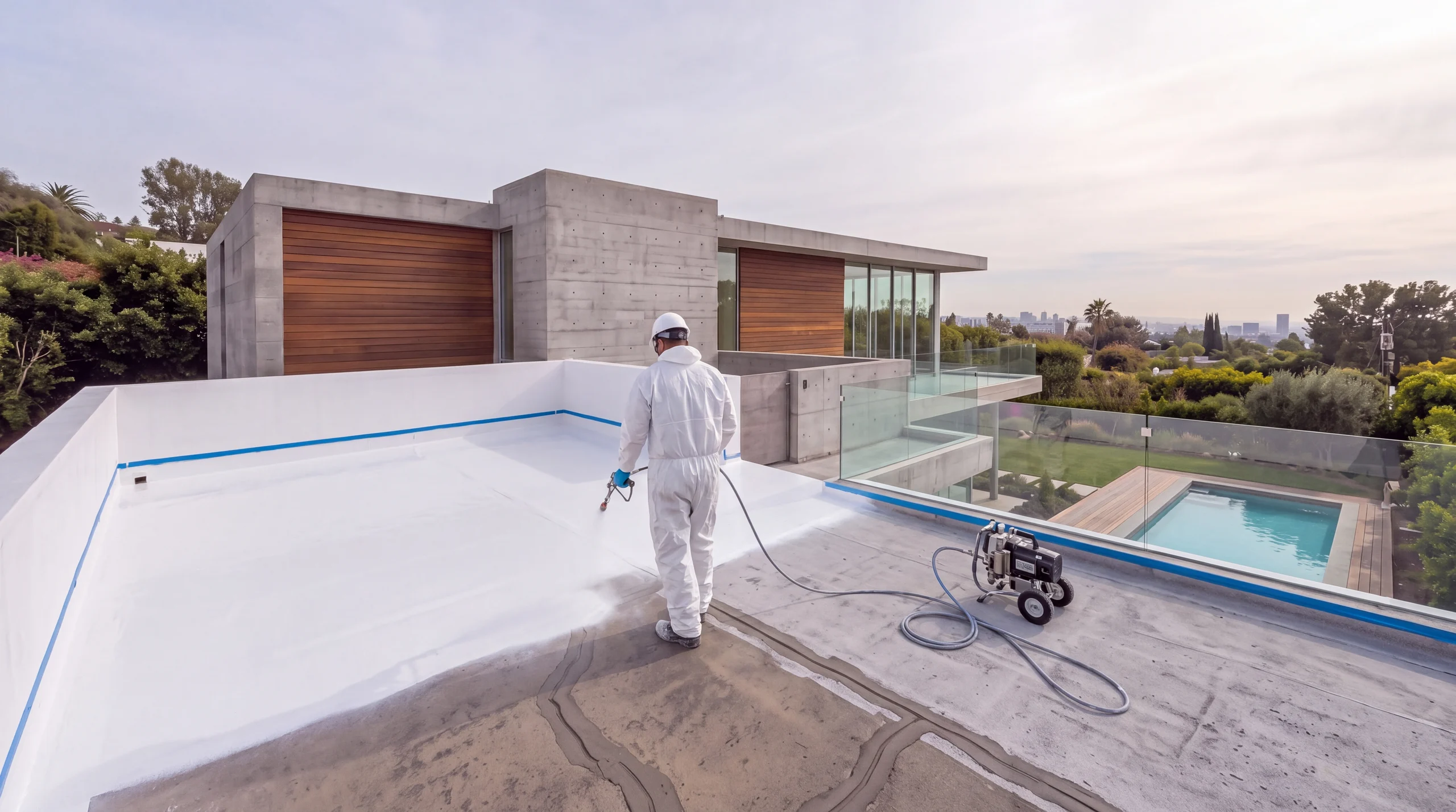 Aplicador con equipo de protección proyectando la membrana con airless
