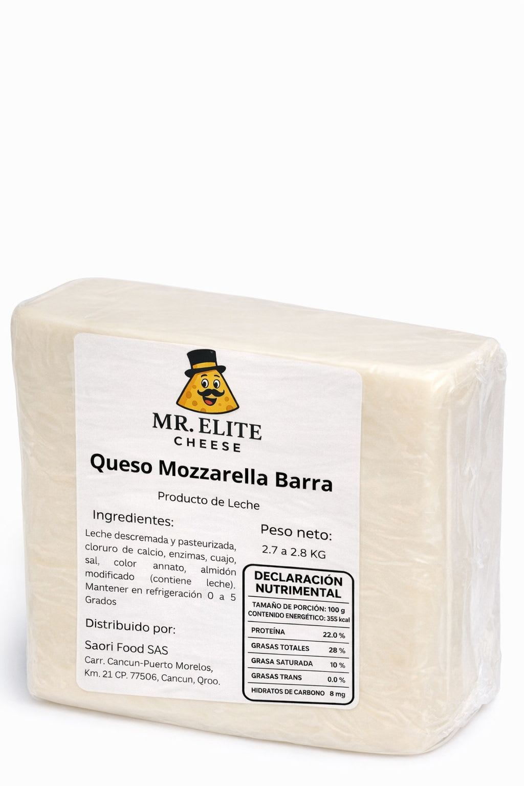 Barra de Queso Mozzarella sobre tabla de madera, Mr. Elite Cheese