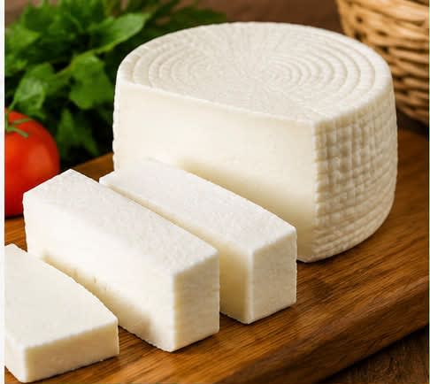Rueda de queso junto a queso rallado sobre tabla de madera